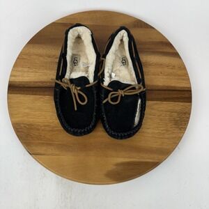 Womens Ugg Ansley Black Suede Wool Lined Comfort Loafers Slippers Shoes Size 7 M